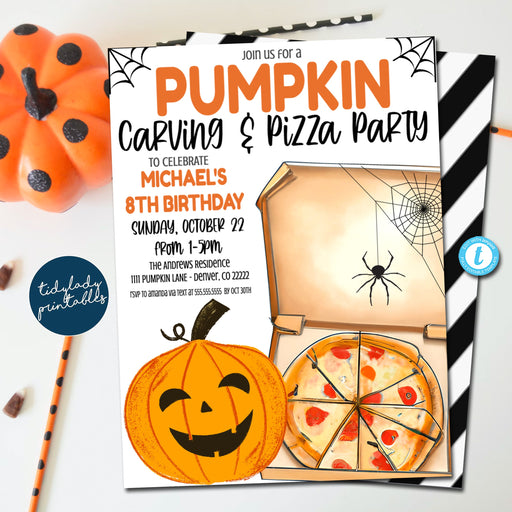 Editable Pumpkin Carving and Pizza Party Invitation, Kids Halloween, Birthday Halloween Party Invite, Pumpkin Party Idea, EDITABLE TEMPLATE
