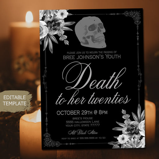 EDITABLE, Death to Her Twenties Birthday Party Invitation Editable Template, Death to My 20s Funeral Birthday, Floral Skull 30th, TEMPLATE