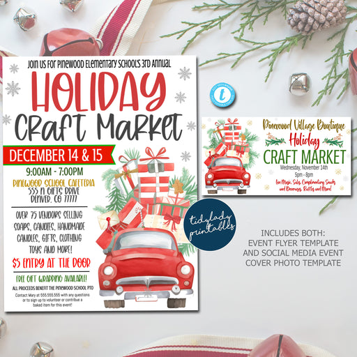 Editable Holiday Market Flyer, Christmas Craft Show, Bake Sale Flyer, Holiday Christmas Craft Show Christmas Festival Party Event Template