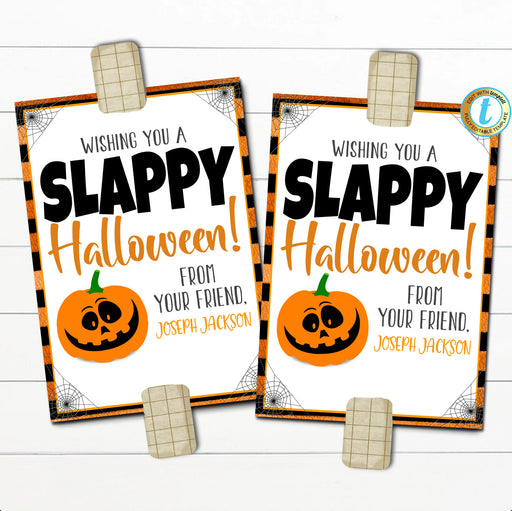 Halloween Slap Bracelet Tags, Wishing You a Slappy Halloween! Kid Student Gift Classroom School Teacher Staff Party Idea Editable Template
