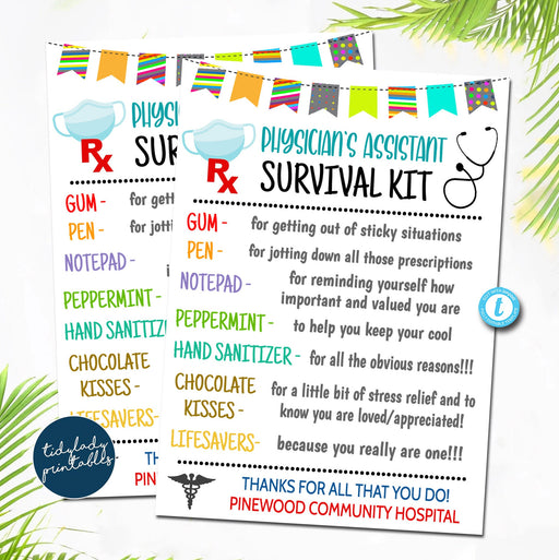 Physicians Assistant Survival Kit Gift Tags, Doctors Day, Medical Staff Appreciation Week, Thank you Gift Card, Printable Editable Template