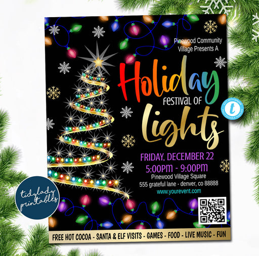 Festival of Lights Flyer Template, Editable Christmas Lights Display Flyer, Winter Holiday Lights Event Poster, Xmas Tree Lighting EDITABLE