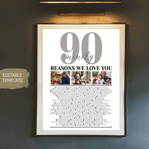 Editable Template, 90 Reasons we love you Photo Collage, Mom's 90th Birthday, Dad's 90th Birthday, 90 Things We Love About You Friend Gift