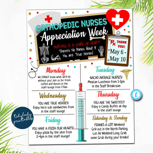 Orthopedic Nurse Appreciation Week Itinerary Template, Medical National Nurses Week Weekly Schedule of Events Itinerary, Printable Editable