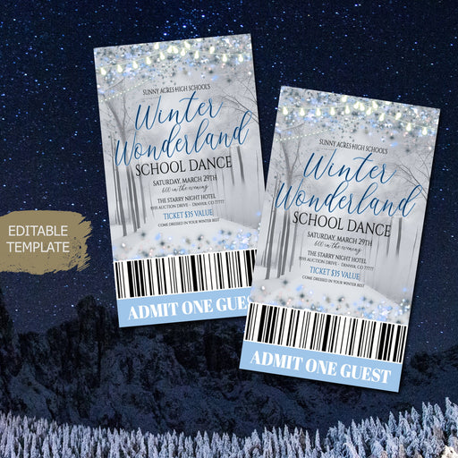 Winter Wonderland Dance Theme Ticket Template Printable High School Formal, Homecoming Senior Junior Prom, Daddy Daughter Dance, EDITABLE