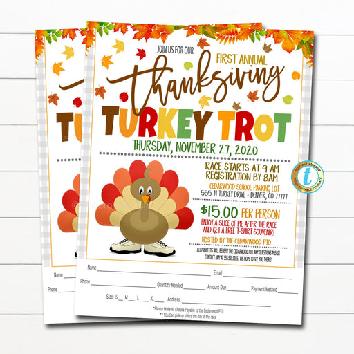 Thanksgiving Turkey Trot Flyer, 5k 10k Run Walk Race, Community Church School Pto Pta, November Fall Fundraiser Event, DIY Editable Template