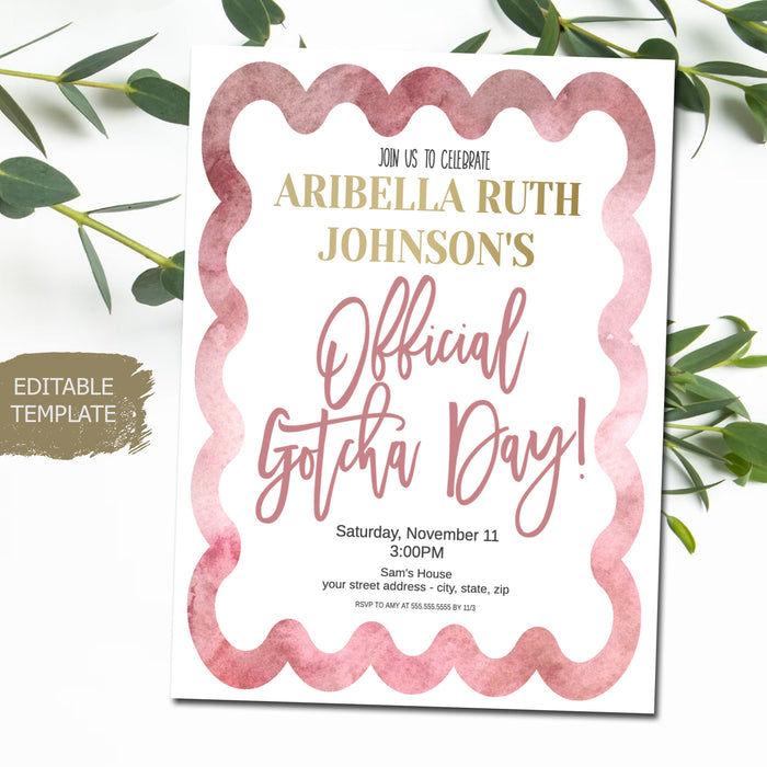 Official Gotcha Day Editable Adoption Invite Template, Printable Editable, Pink Border Modern Adoption Celebration Party Ceremony Invitation