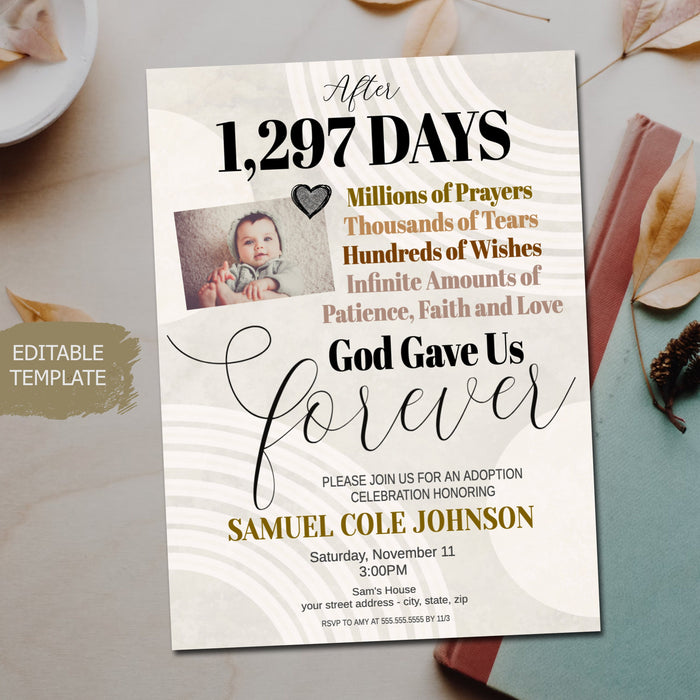 God Gave Us Forever Editable Adoption Invite Template, Printable Editable, Religous Photo Adoption Celebration Party Ceremony Invitation