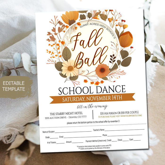 Fall Ball Dance Theme Template Set Printable High School Formal, Autumn Gala Event, Homecoming Invite, Daddy Daughter Dance Flyer, EDITABLE