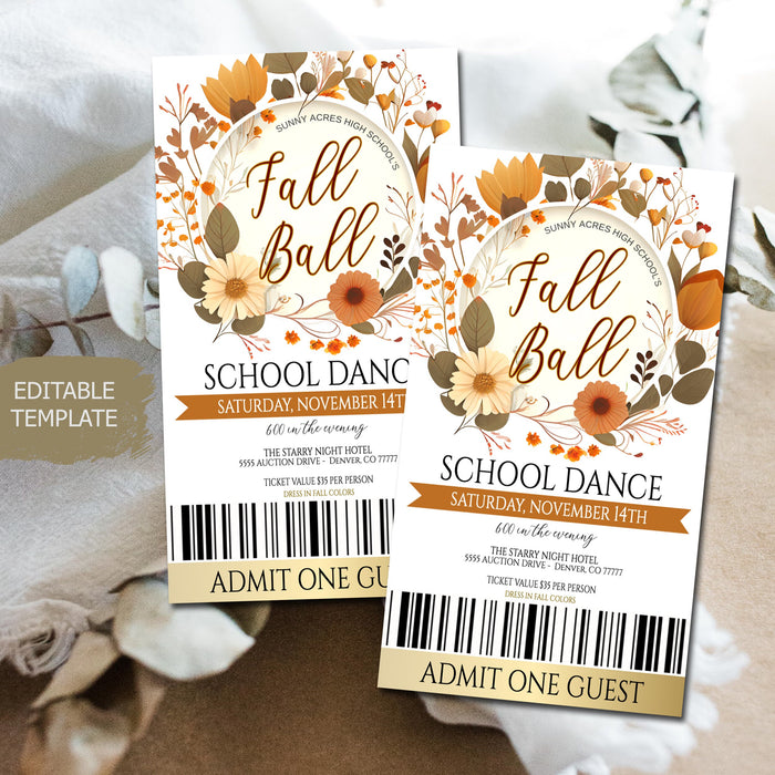 Fall Ball Dance Theme Template Set Printable High School Formal, Autumn Gala Event, Homecoming Invite, Daddy Daughter Dance Flyer, EDITABLE