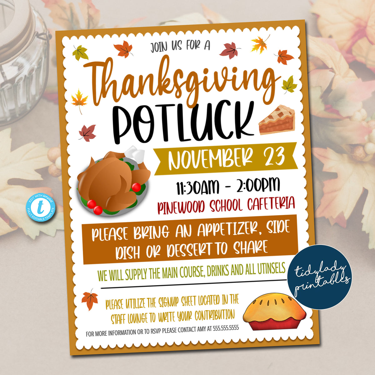 Potlock Examples Thanksgiving Potluck Flyer, Luncheon Dinner Event Fundraiser β TidyLady ...