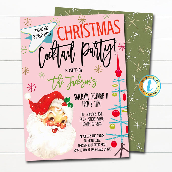 Retro Christmas Cocktail Party Invitation Vintage Holiday Adult Party Invite, Mid Century Modern Xmas Happy Hour Bar Party Editable Template