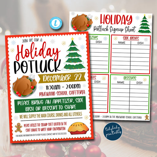 Holiday Potluck Flyer and Sign Up Sheet Template Set, Christmas Luncheon Dinner Event Fall Fundraiser pto pta Church School Charity EDITABLE