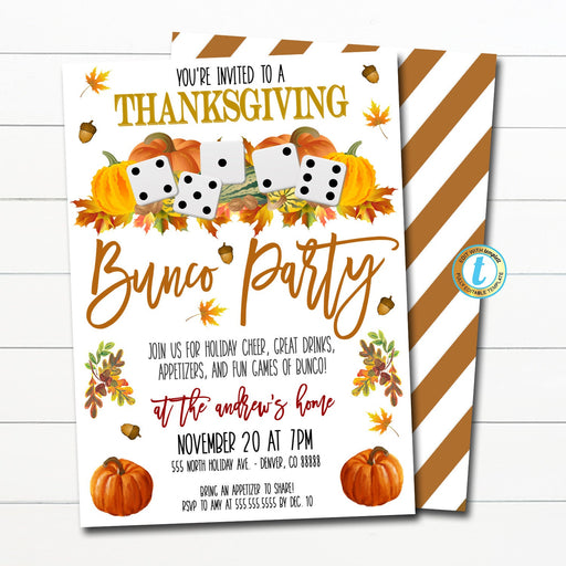 Thanksgiving Bunco Party Invitation, Adult Holiday Invite, Fall Cocktail Dice Games Party, Autumn Party Printable, Editable Template