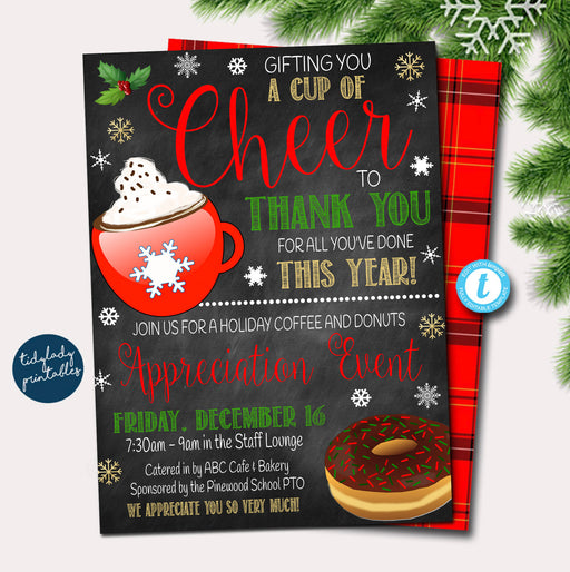 Christmas Appreciation Invitation, Gifting You a Cup of Cheer, Nurse Teacher School Staff, Holiday Coffee and Donuts Thank You, EDITABLE