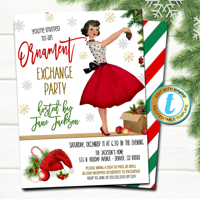 Holiday Ornament Exchange Party Invitation, Christmas Retro Vintage Invite, Ladies Night Holiday Party, Mid Century Modern Editable Template