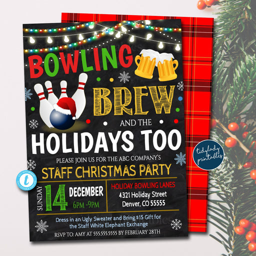 EDITABLE Holiday Bowling Party Invitation, Christmas Invitation, DIY Digital Invite, Xmas Company Party Invitation Flannel Plaid Retro Party