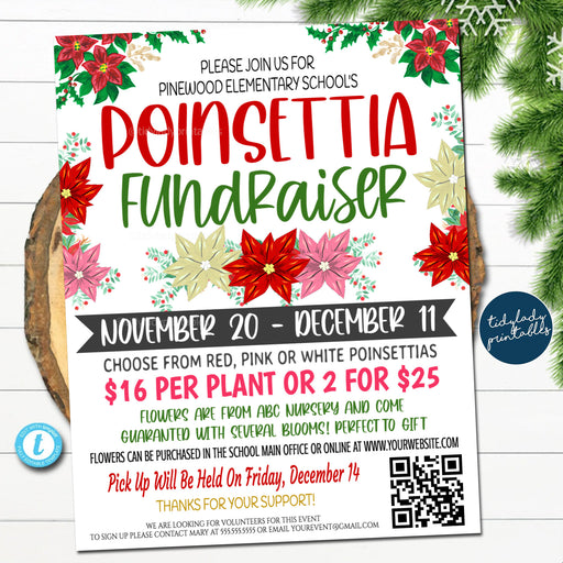 Poinsettia Fundraiser Flyer, Christmas Charity Nonprofit Printable, Flower Sale Community Xmas Event Church School Pto Pta Fundraiser Invite