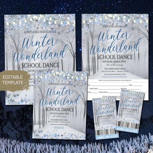 Winter Wonderland Dance Theme Template Set, Printable, High School Formal, Homecoming Senior Junior Prom, Tickets Flyer Invite Set, EDITABLE