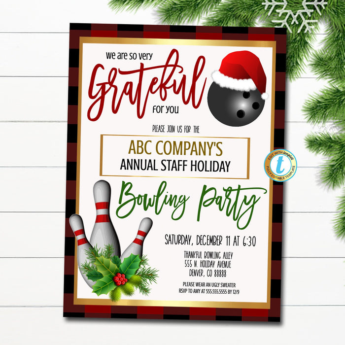Holiday Bowling Party Invitation, Holiday Corporate Party Grateful For You Teacher Staff Appreciation Invite, Client Thank You, EDITABLE