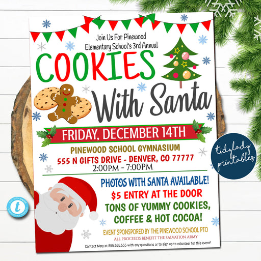Cookies with Santa Flyer, Cookies with Santa Invitation Kids Christmas Party Printable Community Holiday School Fundraiser Flyer EDITABLE