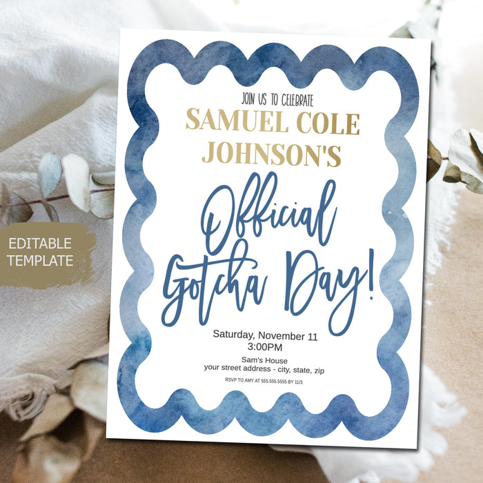 Official Gotcha Day Editable Adoption Invite Template, Printable Editable, Blue Boho Modern Adoption Celebration Party Ceremony Invitation