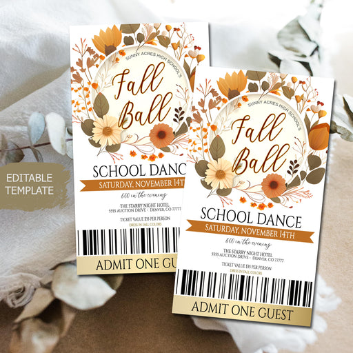 Fall Ball Event Theme Ticket Template Printable High School Formal Dance, Homecoming Autumn Gala Prom, Daddy Daughter Dance, EDITABLE