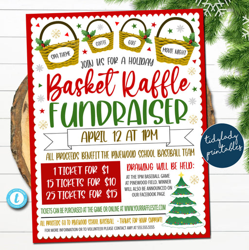 Christmas Basket Raffle Fundraiser Flyer, Editable Raffle fundraiser Template, Fundraiser, School pto pta Church Charity Raffle Ticket Sales