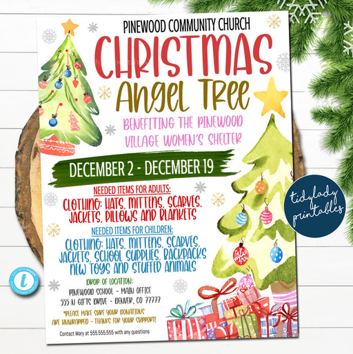 Christmas Angel Tree Fundraiser Flyer, Christmas Charity Nonprofit Printable, Community Xmas Event Church School Pto Pta Fundraiser Invite