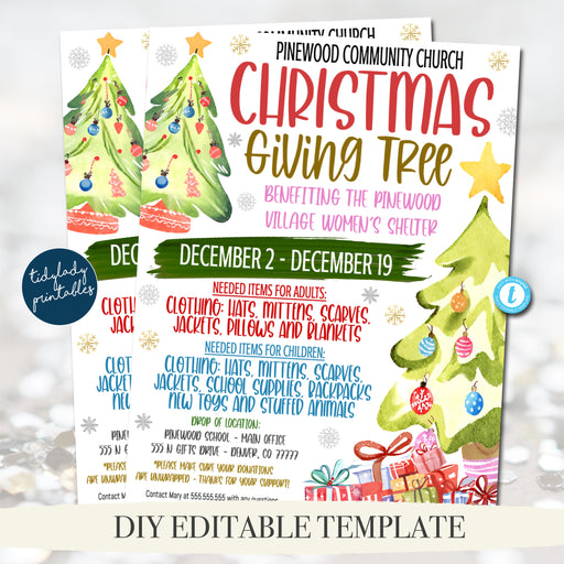 Christmas Giving Tree Fundraiser Flyer and Tree Tag set, Christmas Charity Nonprofit Printable, Community Donations Church School Pto Pta