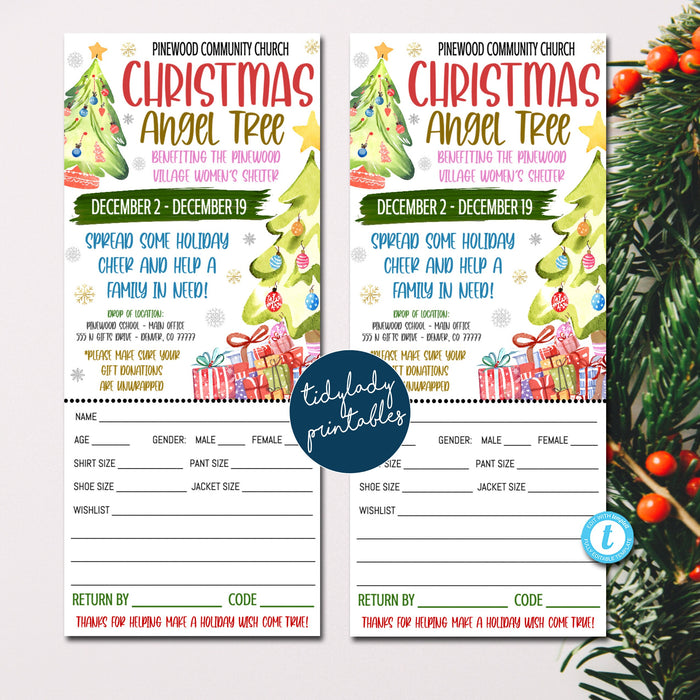 Christmas Angel Tree Fundraiser Flyer and Tree Tag set, Christmas Charity Nonprofit Printable, Community Donations Church School Pto Pta