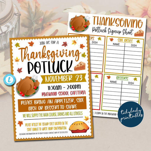 Thanksgiving Potluck Flyer and Sign Up Sheet Template Set, Thanksgiving Luncheon Dinner Event Fall Fundraiser, pto pta Church School Charity
