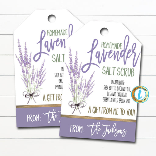 Lavender Salt Scrub Gift Tag, Homemade Spa Pedicure Bath Tag, Holiday Christmas Secret Santa Gift Idea, DIY Label Tag, Editable Template