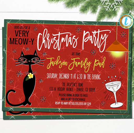 Retro Cat Christmas Cocktail Party Invitation Vintage Holiday Adult Party Invite, Mid Century Modern Xmas Happy Hour Party Editable Template