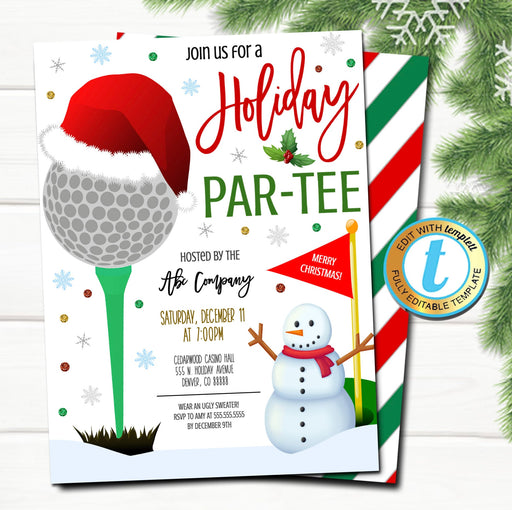 Christmas Golf Party Invitation, Adult Holiday Invite, Xmas Cocktail Games Party, Work Party Editable Template, DIY Self-Editing Download