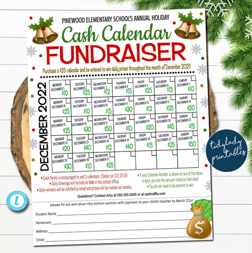 Christmas Cash Calendar Fundraiser Flyer, Printable Handout Take Home Fundraiser Event Sheet, Church Nonprofit School PTO PTA Event Editable