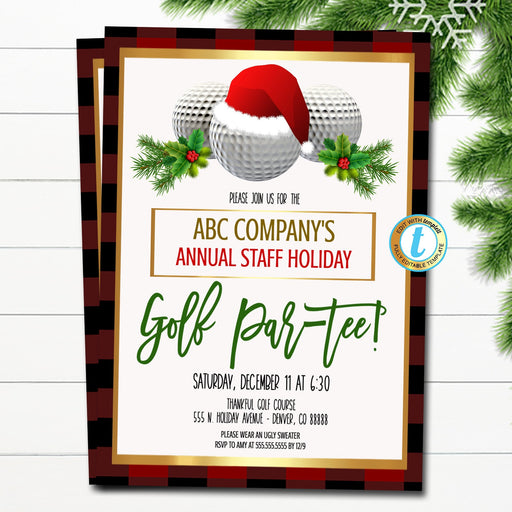 Christmas Golf Party Invitation, Adult Holiday Invite, Xmas Cocktail Games Party, Work Party Editable Template, DIY Self-Editing Download