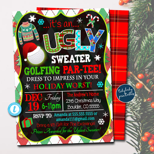 Holiday Golfing Party Invitation, Christmas Ugly Sweater Party Invitation, DIY Digital Invite, Xmas Company Party Invite, EDITABLE TEMPLATE