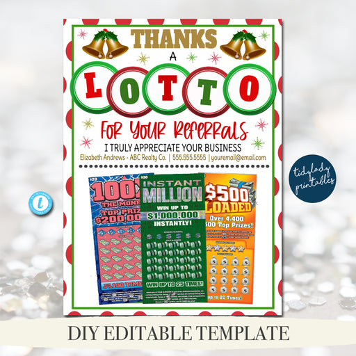 Christmas Lottery Gift Card Holder Printable, Thanks a Lotto for your referrals, Client Customer Small Business Holiday Thank You, EDITABLE
