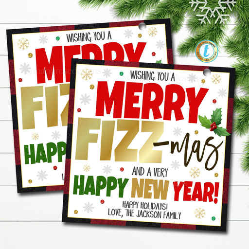 Merry Fizz-mas ChristmasGift Tags, Happy Holiday Staff School Teacher Employee Thank You Tag, Appreciation Wine Soda Gift, Editable Template