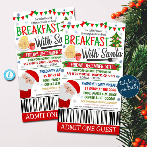 Breakfast with Santa Tickets, Pancakes with Santa Invitation Kids Christmas Party Printable Community Holiday School Fundraiser, EDITABLE