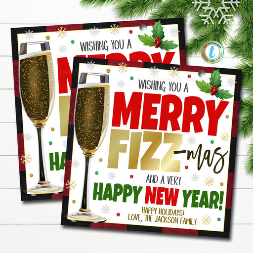 Merry Fizz-mas Christmas Gift Tags, Happy Holiday Staff Neighbor Friend Employee Thank You Tag, Appreciation Wine Gift Editable Template