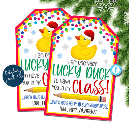 Christmas Gift Tag, I'm a Lucky Duck that you're in my class, Holiday school kids gift, Christmas gift for classroom students tag, EDITABLE