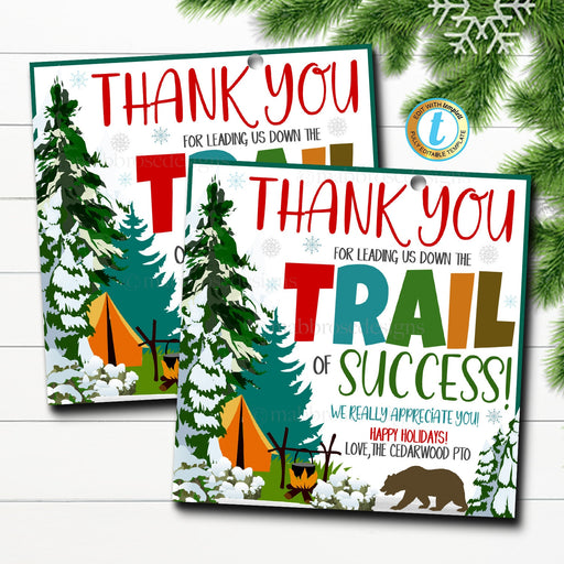 Winter Thank You For Leading Us Down The Trail Of Success, Camp Teacher Staff Holiday Appreciation, Christmas Trail Mix Gift Tags, EDITABLE