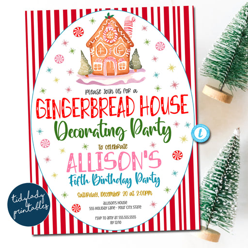 Gingerbread House Decorating Christmas Party Invitation, Holiday Kids Christmas Birthday Invite, Cute Retro Holiday Cookie Party, EDITABLE