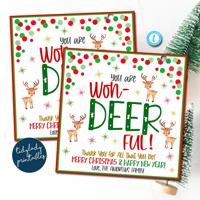 Christmas Appreciation Thank you Gift Tags, You're Won-DEER-Ful, Holiday Thank You Gift Tags Employee Company Staff Teacher Idea, EDITABLE