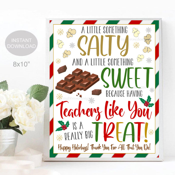 Christmas Teacher Appreciation Sign, Chocolate Popcorn Thank You Staff School Appreciation Something Salty Sweet Treat, Holiday Printable