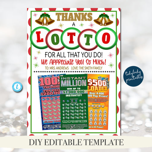 Christmas Lottery Gift Card Holder Printable, Thanks a Lotto, Work Teacher Staff, Coach Nanny Babysitter, Holiday Appreciation, EDITABLE