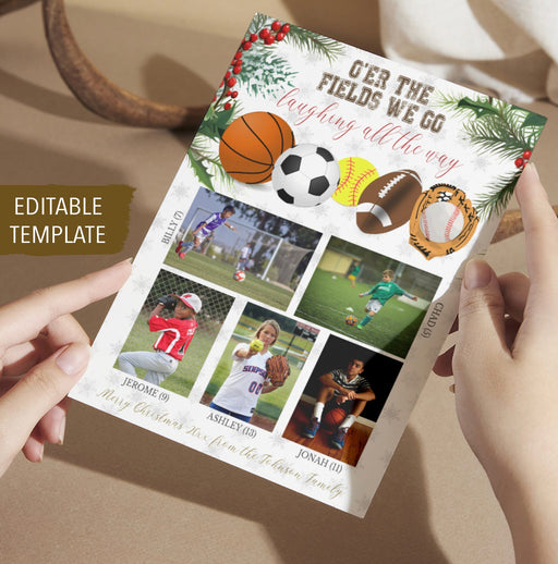Sports Christmas Card, Home for the Holidays, Holiday Greeting photo card, family kids holiday sports fans photo card, Editable Template