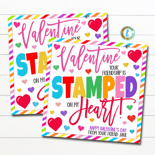 Valentine Stamp Gift Tags, Valentine your friendship is stamped on my heart Art Toy, Friend Kids Classroom School Card Tag Editable Template